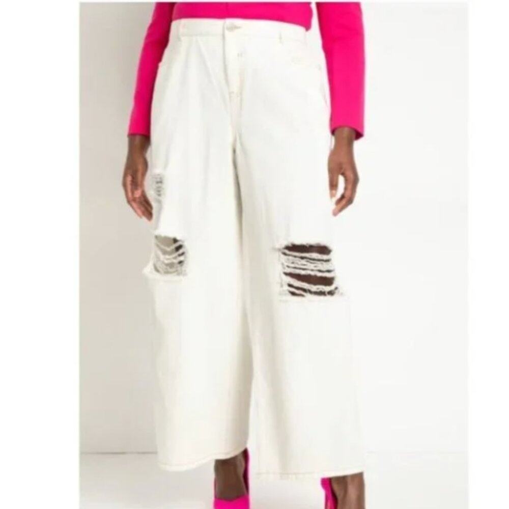 NWOT ELOQUII Women's Wide Leg Distressed Jeans White Size 20
